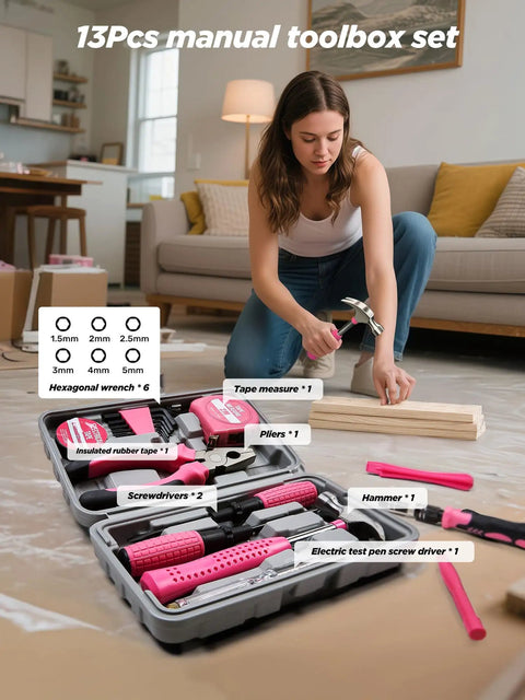 Woman using pink cordless drill from Pink Cordless Drill Kit With 220 Pieces 21V Power Drill And Tool Set For Women in living room for DIY project.
