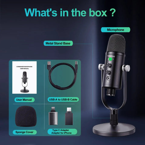 USB Condenser Microphone for PC Mac Phones PS4 PS5 Plug and Play Studio Mic with accessories and adapters included
