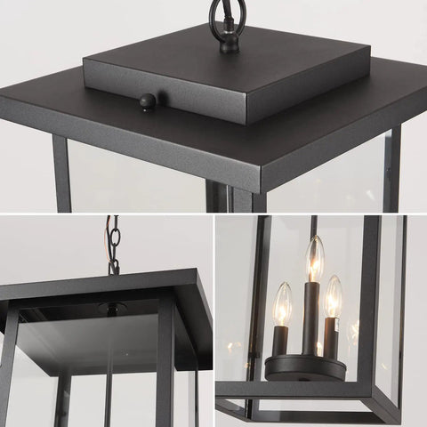 Outdoor Pendant Light Exterior Hanging Lantern in Matte Black with Clear Seeded Glass, large porch light details, aluminum construction.
