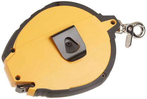 Side view of Pro Grade 100 Foot Tape Measure With Self Lock Tough As Nails Chrome Finish And Rubber Grip Five To One Gear Ratio For Fast Rewind.