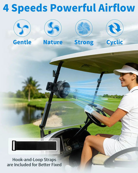Magnetic Golf Cart Clip On Mist Fan with Light on the go 6 inch portable cooling device attached to golf cart with airflow diagram