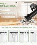 Display of Heavy Duty All Metal Curtain Rod In Matte Black Adjustable From 18 To 45 Inches No Fuss Drapery Rod For Bedroom Kitchen Dorm Or Apartment Supports Up To 25 Lbs Modern Yet Classic Style emphasizing its strength and versatility for different curtain types.