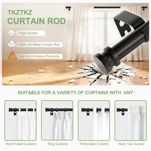 Display of Heavy Duty All Metal Curtain Rod In Matte Black Adjustable From 18 To 45 Inches No Fuss Drapery Rod For Bedroom Kitchen Dorm Or Apartment Supports Up To 25 Lbs Modern Yet Classic Style emphasizing its strength and versatility for different curtain types.