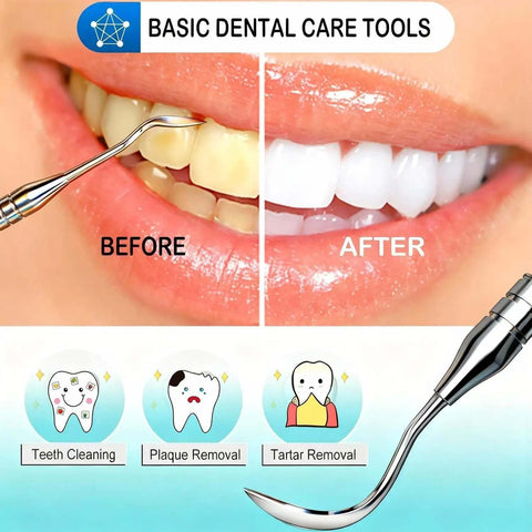 Pro At Home Dental Tools Set for teeth cleaning showing before and after results of plaque and tartar removal.