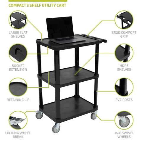 Black 3 Tier Compact Utility Cart With Lockable Wheels Heavy Duty Plastic Organizer for office, kitchen, crafts, tools