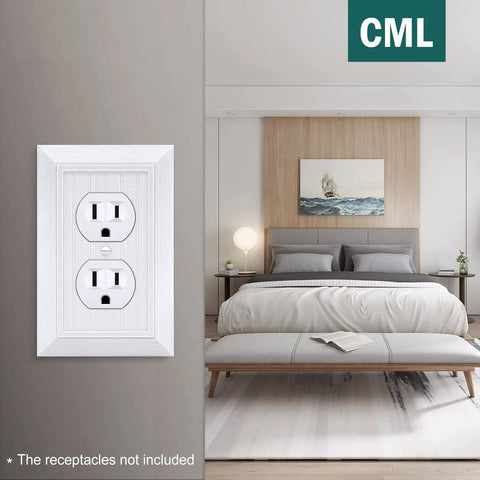 Vintage Wood Grain Beadboard Wall Plate 1 Gang Duplex Outlet Covers White, 10 Pack Retro Switch Plates in modern bedroom setting