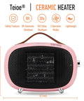 Tiny But Mighty Mini Ceramic Space Heater 800W 400W Portable Desk Office with safety features and dimensions displayed