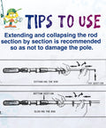 Diagram showing how to extend and collapse the Two Pack Kid Friendly Telescopic Fishing Poles Set With Reel, using step-by-step illustrations.