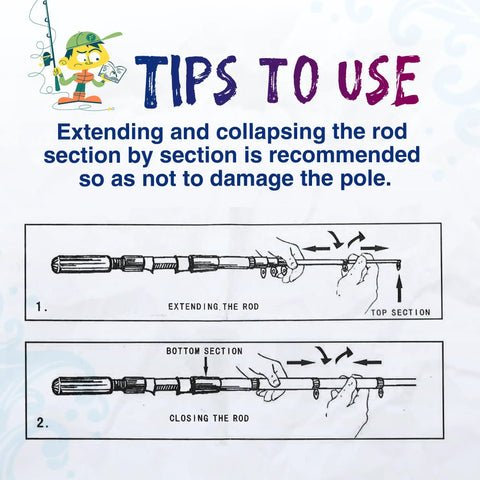 Diagram showing how to extend and collapse the Two Pack Kid Friendly Telescopic Fishing Poles Set With Reel, using step-by-step illustrations.