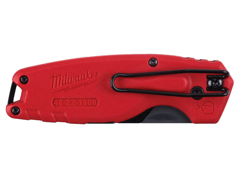 FASTBACK Compact Flip Utility Knife With Tool Free Blade Change One Handed Opening Quick Blade Access Accepts Standard Blades Lightweight Slick Design Belt Clip For Easy Carry red side view