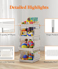 Four Tier Stackable Storage Bins For Kitchen Pantry RV And Home Organization With Dope Front Opening Design, filled with toys and items
