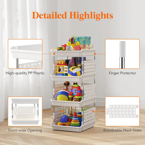 Four Tier Stackable Storage Bins For Kitchen Pantry RV And Home Organization With Dope Front Opening Design, filled with toys and items
