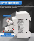 Two Pole 690V DIN Rail Fuse Holder For 10x38mm Fuses With Built In LED Indicator UL Recognized Up To 32A AC For Fast Troubleshooting And Reliable Power Distribution, open lid and insert fuse