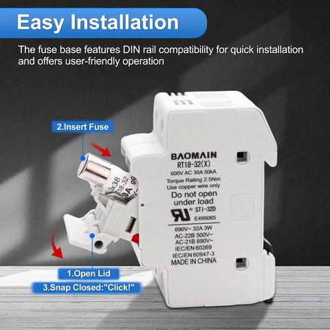 Two Pole 690V DIN Rail Fuse Holder For 10x38mm Fuses With Built In LED Indicator UL Recognized Up To 32A AC For Fast Troubleshooting And Reliable Power Distribution, open lid and insert fuse