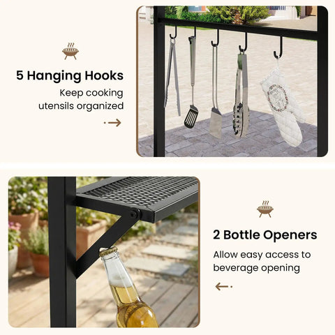 Close-up of 7 Foot Grill Gazebo With Serving Shelf And Storage Hooks Curved Canopy Shelter With Heavy Duty Steel Frame And Sunshade Awning Outdoor Patio BBQ Shelter, showing hooks and bottle openers.