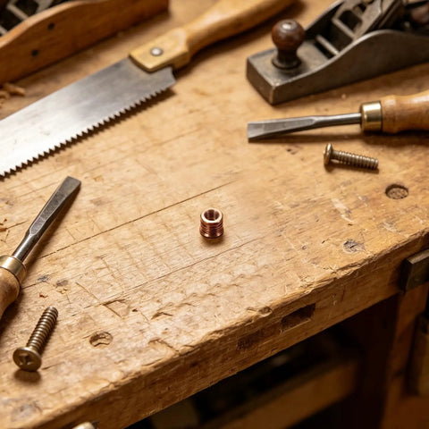 Heavy Duty M6x10mm Wood Threaded Inserts Set 50 Pcs Carbon Steel Countersunk Flange Nuts on workbench with tools