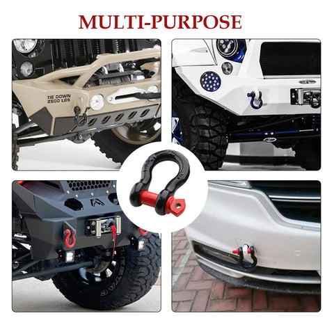 Two Pack Half Inch Heavy Duty D Ring Shackle Set Built Tough For Off Road Towing, 12 Ton Break Strength And 2 Ton Load Capacity, Rugged 45 Steel Recovery Shackles For Winch And Tie Down in use on various off-road vehicles