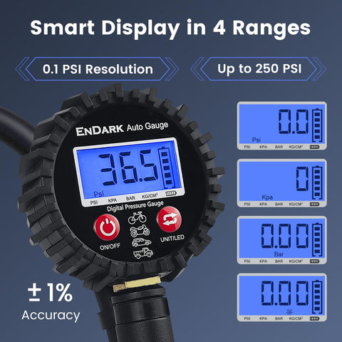 All In One Digital Tire Pressure Gauge With Inflator Kit 250 Psi Air Compressor Attachment Inflation Gun display