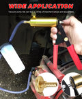 Handheld Vacuum Pump Brake Bleeder Kit With Gauge Adapters For Cars Trucks Motorcycles tool in use with clear tubing attached.