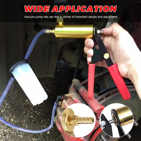 Handheld Vacuum Pump Brake Bleeder Kit With Gauge Adapters For Cars Trucks Motorcycles tool in use with clear tubing attached.