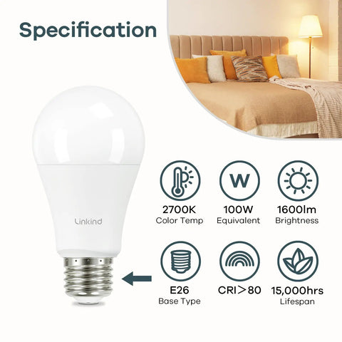 A19 LED Light Bulbs 100W Equivalent, 14W, 2700K Soft White, 1600 Lumens Non Dimmable, E26 Base, 6 Pack Bundle, specifications diagram