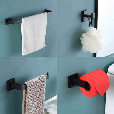 Matte Black 4 Piece Bathroom Hardware Set Stainless Steel Wall Mount Includes 23.6 Inch Towel Bar Toilet Paper Holder Towel Ring And Coat Hook SUS304 Quality