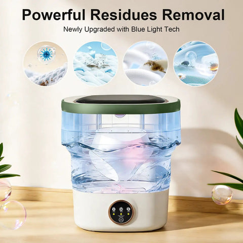 Upgrade Laundry Day To Total No Sweat With This Dope 22L Portable Foldable Washer Packed With Blue Light Washing And A Rapid Spin Basket Ideal For Baby Gear Socks And Underwear In Lime Green. Portable washer showcasing blue light technology for effective cleaning.