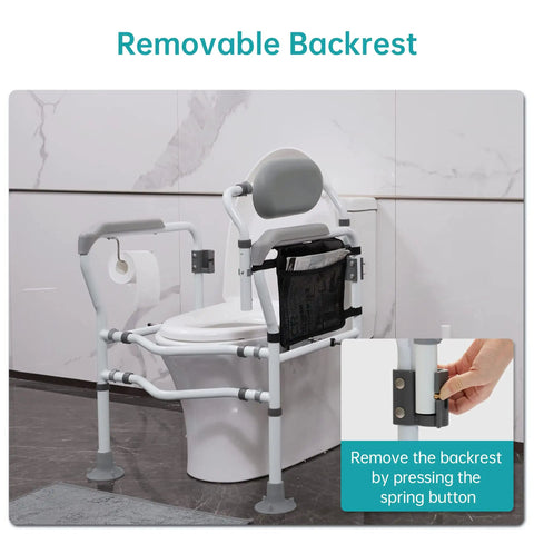 Toilet Safety Rail With Standalone Frame Adjustable Grab Bar Handles Detachable Backrest Non Slip Vacuum Suction Cups Elderly Disabled Bathroom Safety Aid