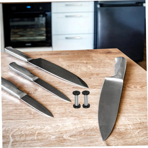 Top Tier Flat Head Knife Handle Screws Coupled With Heavy Gauge Stainless Steel Bolts Lock Down Blade Stability With Quick Thread Adjustments Tight Grip Badass Toolsmith Supply Pack, set of screws with kitchen knives on wooden surface.