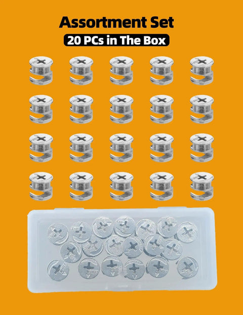 Top Shelf Cam Locks For Furniture 20 Pack Easy Fix Hardware Compatible With Ikea Eccentric Wheels and Heavy Duty Nuts Bolts Nickel Plated Alloy Steel Assortment Kit For Home Repairs, 20 cam locks in plastic box.