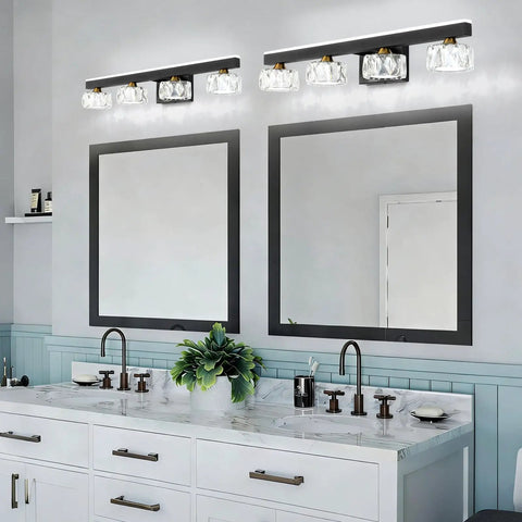 Three Light Crystal Bathroom Vanity Light Fixture Black Modern LED Wall Light 6000K Cool White Bath Light Over Mirror For Home And Master Bathrooms Looks Lit And Fresh