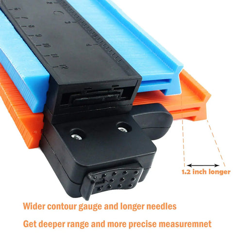 Close-up of lockable contour gauge profile tool set showing push lock mechanism and extra width for precise copying.