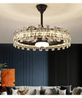Slick Black Crystal Ceiling Fan Light With No Fuss Remote And Super Quiet Blades Built For Modern Living Rooms Or Bedrooms, center view.