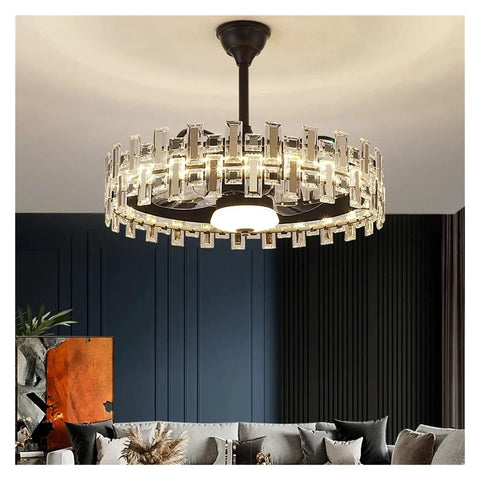 Top Shelf Black Crystal Ceiling Fan Light With Easy Press Remote Hush Glide DC Motor Sleek Chandelier Fan Combo above sofa.