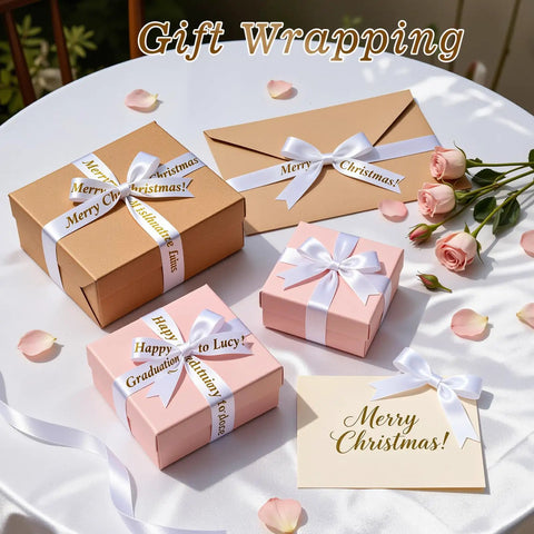 Gift wrapping with brown and pink boxes, ribbons, and roses on a white table for various occasions, such as Christmas.