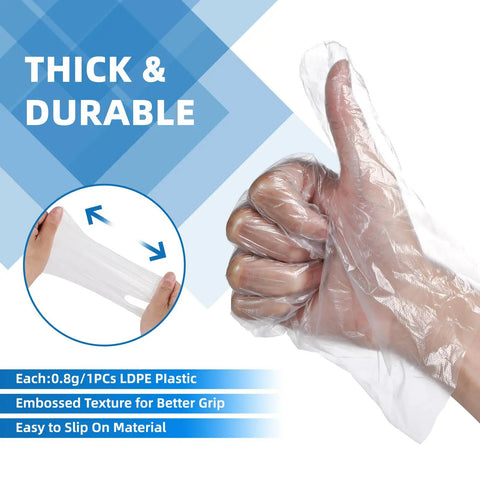 Hand wearing Disposable Poly Food Prep Gloves One Size Fits Most Clear 500 Count Pack Of 1 Ultra Thick Polyethylene