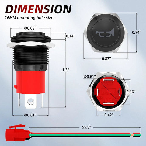 Dimensions diagram of 12V 20A Beefy 16mm Metal Horn Button Switch With Blue LED Momentary SPST Push Button Horn Trigger, showing measurements.