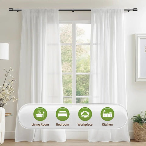 Five Eighth Inch Adjustable Curtain Rod Set, 30 To 90 Inches, Black Splicing Rods For Windows From 30 To 84 Inches, installed over white drapes