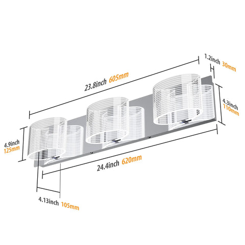 Dimensions of Three Light LED Bathroom Vanity Fixture Over Mirror 24 Inch Chrome Finish Dimmable With Clear Acrylic Lampshades