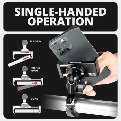 All Metal Motorcycle Phone Mount With 20MAXX Vibration Dampening Spring Cradle, single-handed operation demonstration.