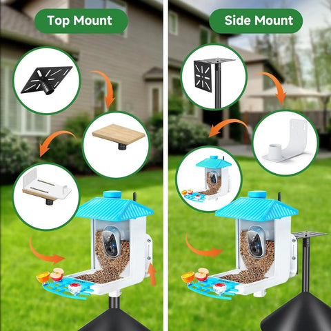 Diagram showing top and side mounts for Beefy Heavy Duty Adjustable Bird Feeder Pole With Squirrel Baffle And Universal Stand Mount For Backyard And Outdoor Bird Houses And Cameras 80 Inch Pole Weatherproof 1 Inch Steel Compatible With Most Feeders.