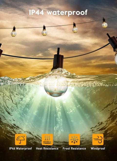 Led Outdoor String Lights 55ft G40 Patio Lights With 52 Shatterproof Bulbs illustrating IP44 waterproof capability