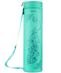 Full Zip Yoga Mat Bag Carrier With Wet Pocket And Front Zipper Pocket Extra Wide Adjustable Shoulder Strap in teal color with peacock design.