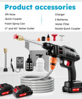 No Sweat Battery Powered Cordless Car Washer With Badass Handheld Pressure Cleaner accessories, including 5M hose and two batteries.
