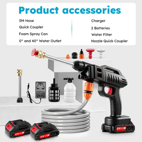 No Sweat Battery Powered Cordless Car Washer With Badass Handheld Pressure Cleaner accessories, including 5M hose and two batteries.