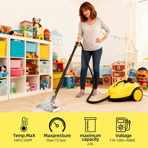 Heavy Duty Rolling Steam Mop With 1800W Beast Mode Power And 2 Liter Tank for cleaning carpet in a kid's playroom.