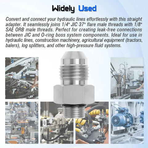 Hydraulic Adapter Fitting One Quarter Inch JIC 37 Degree Male To One Eighth Inch SAE ORB Male Straight Thread Converter For Hydraulic Systems Converts JIC Flare To ORB Ports, steel adapter used in hydraulic lines