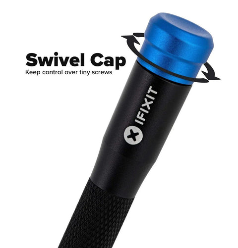 Close-up of Mahi Driver Kit All In One One Quarter Inch Aluminum Bit Driver with Swivel Top Knurled Grip on black handle.