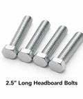 Four 2.5-inch headboard bolts from Through-Hole Headboard And Footboard Bolt Kit For Bed Rails - 2.5 Inch And 4 Inch Hardware.