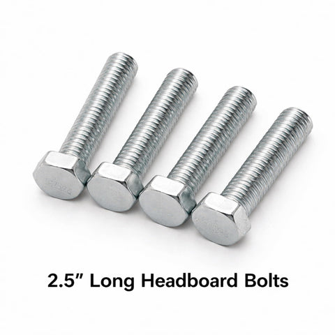 Four 2.5-inch headboard bolts from Through-Hole Headboard And Footboard Bolt Kit For Bed Rails - 2.5 Inch And 4 Inch Hardware.